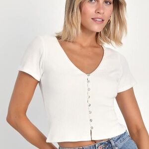 Lulus My Everyday Best Ivory Ribbed Short Sleeve Button-front Top White - Size S